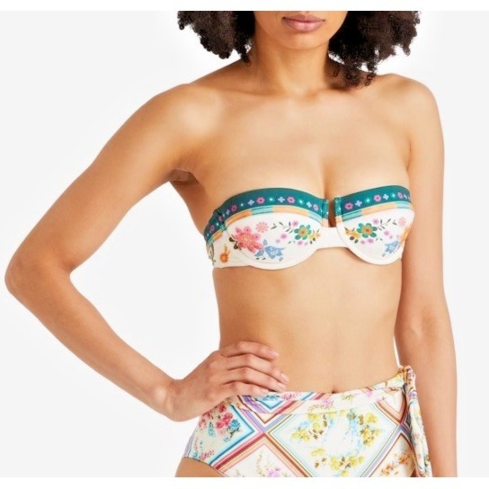 ZIMMERMANN Size 0 A-B/US 2-4 Floral Underwired Bandeau Bikini Top Ecru W/ Straps